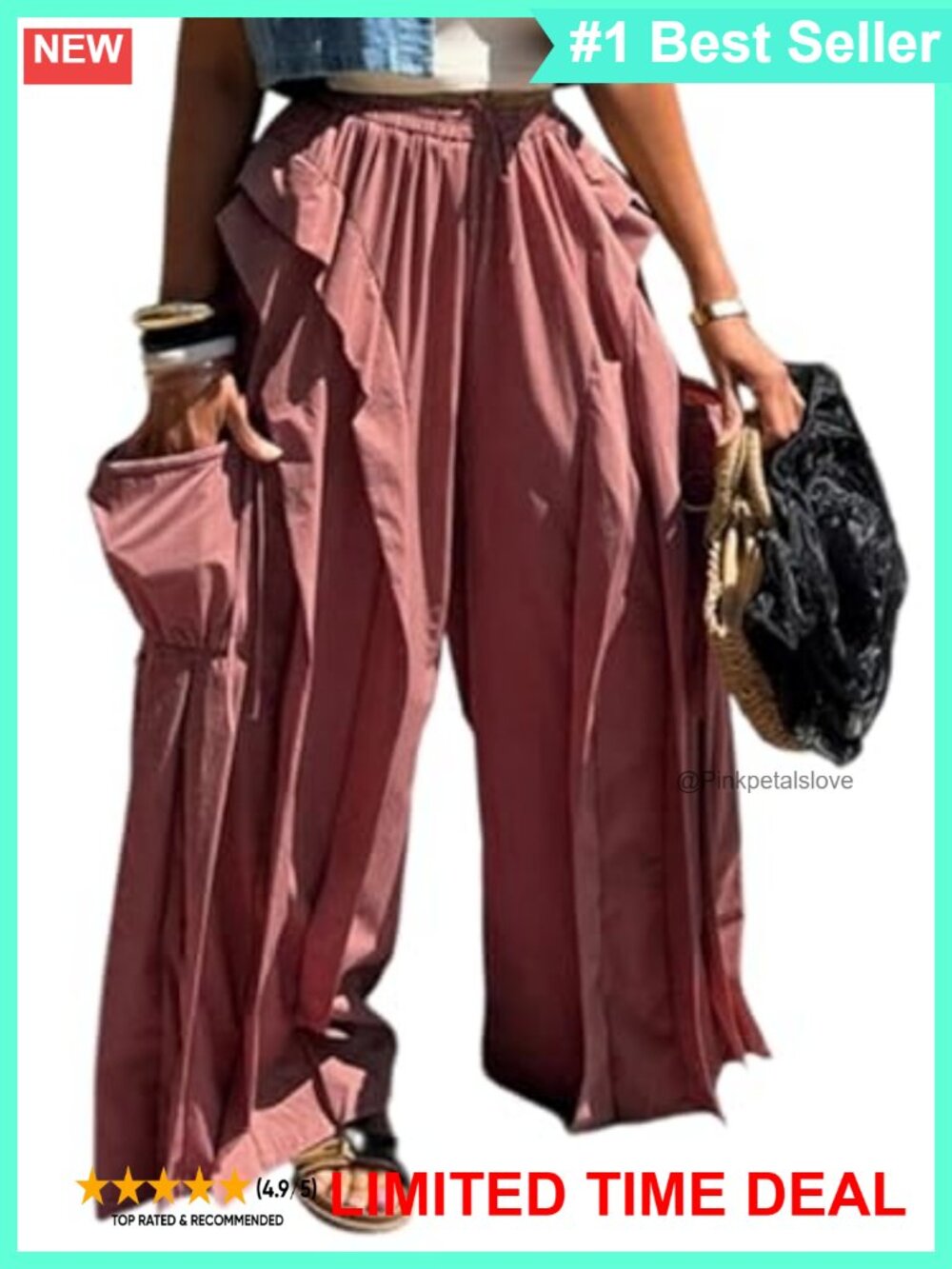 Women Ruffle Patchwork Cargo Wide Leg Parachute Pants Polyester Blend